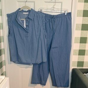 NWT Mango Denim Chambray Blue Ruffle Sleeveless & Wide Leg Set Size XL
